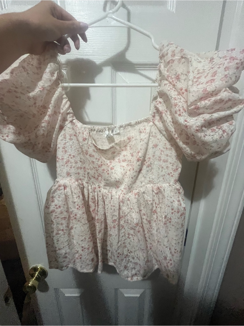 Altar'd State Cream Top with Pink Floral Puff Sleeves